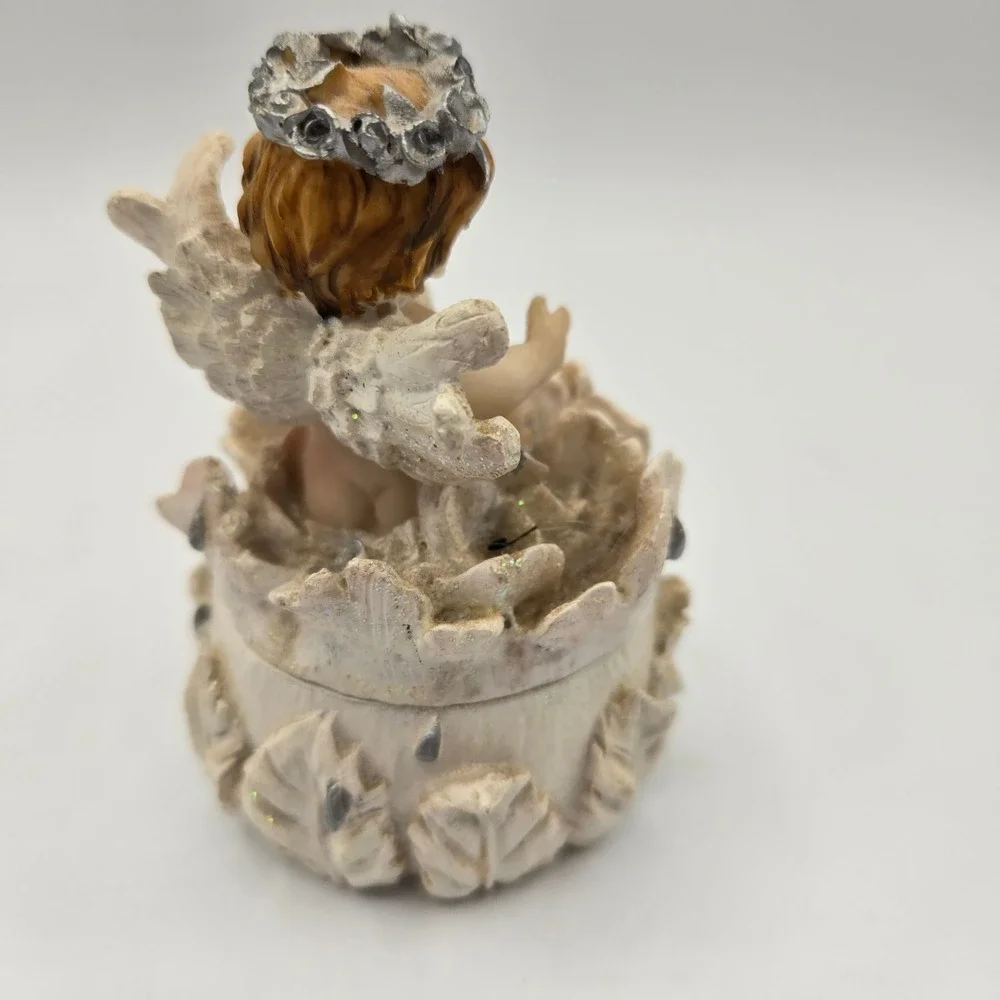 Angel Cherub Trinket Box Small Cream Whimsical Glitter Resin Leaf Decor